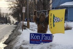 Person in Chewbacca costume with Ron Paul sign and Gadsden Flag