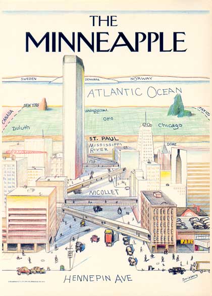 New Yorker magazine stylized map of Minneapolis at the center of the world